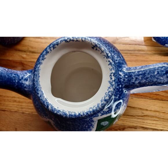 Snowman Teapot and 2 Snowman Mugs Blue Ceramic Christmas Winter - Picture 8 of 16